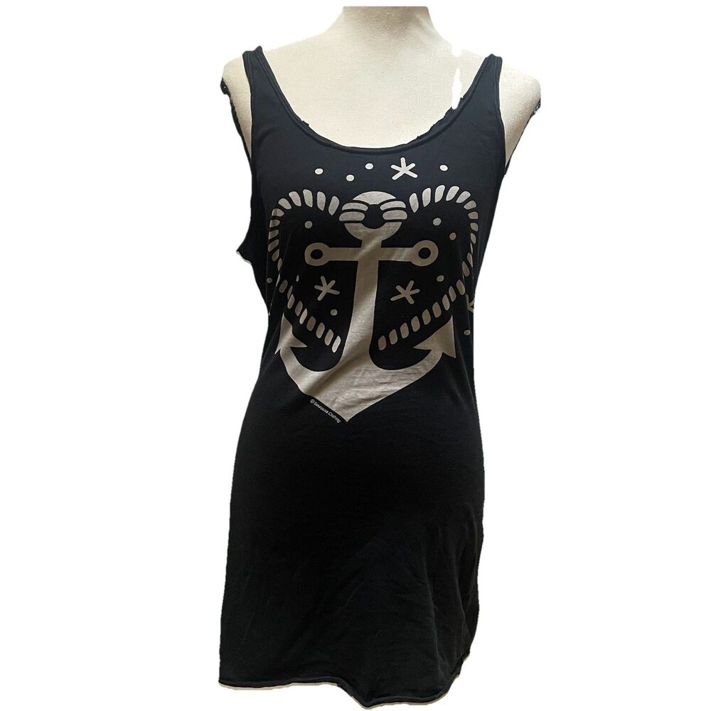Sourpuss Graphic Mini Tank Dress Medium Black Anchor Heart Psychobilly Punk Emo